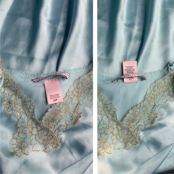 Victoria’s Secret Blue Satin Gold Lace Satin Slip Dress Sz Medium - Picture 4 of 6